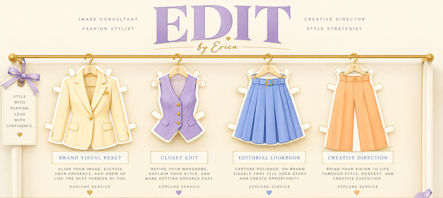 Edit By Erica service rack with buttercream blazer, lavender vest, cornflower pleated skirt and tangerine trousers as paper doll cutouts